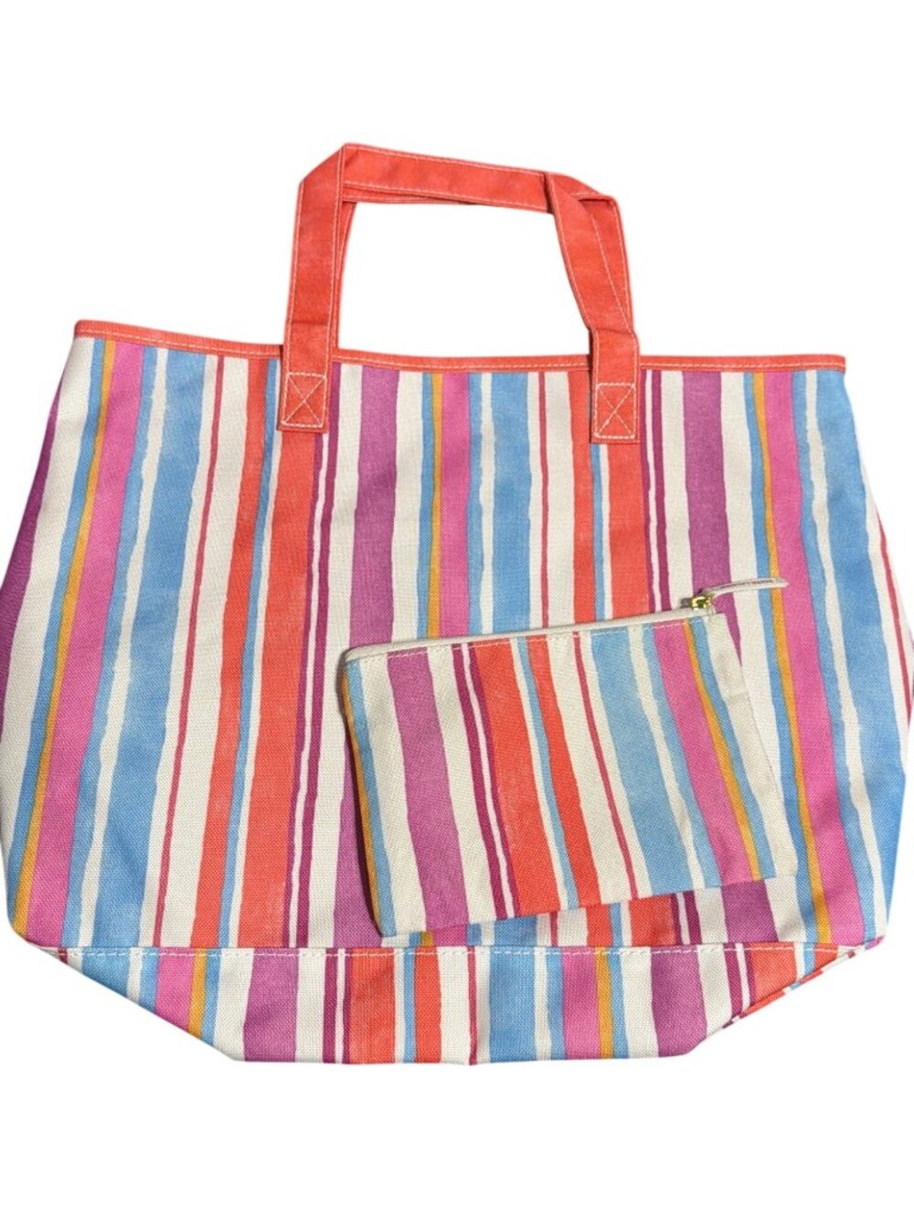 Estee Lauder Striped Tote Bag Matching Pouch Set Multicolor Coral Handles NWOT